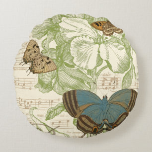 Butterflies on Sheet Music with Floral Design Round Cushion