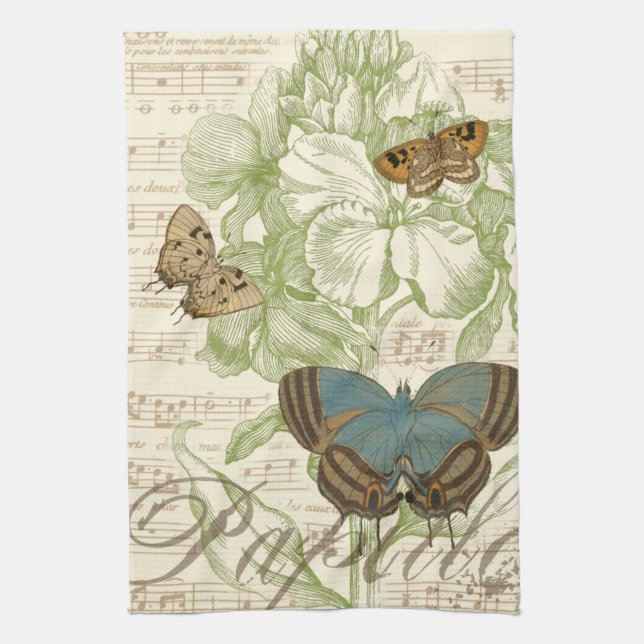 Butterflies on Sheet Music with Floral Design Tea Towel (Vertical)