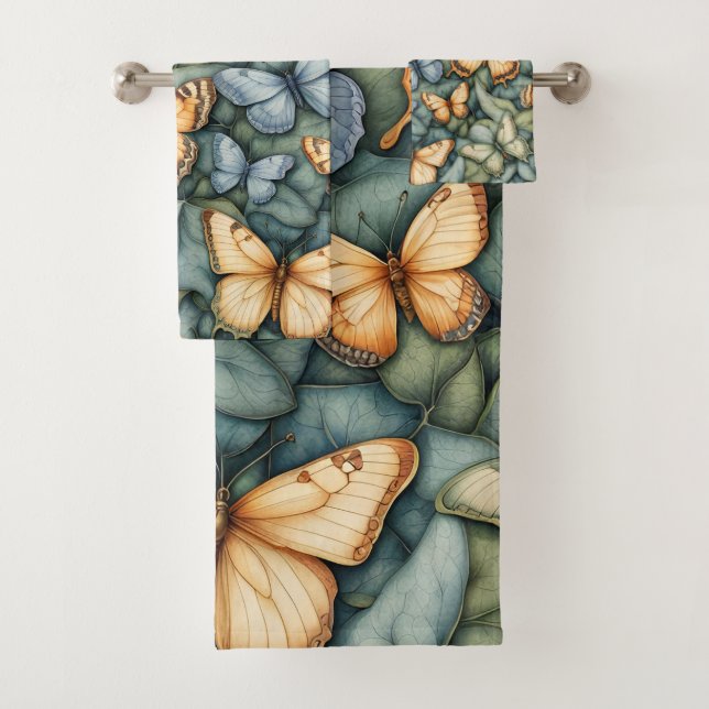 Butterflies Pattern Blue Green Yellow Shades  Bath Towel Set (Insitu)