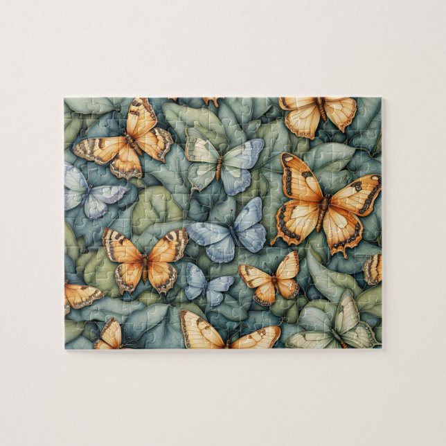 Butterflies Pattern Blue Green Yellow Shades  Jigsaw Puzzle (Horizontal)
