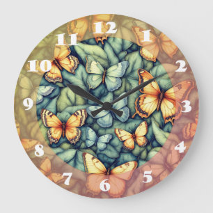 Butterflies Pattern Blue Green Yellow Shades Large Clock