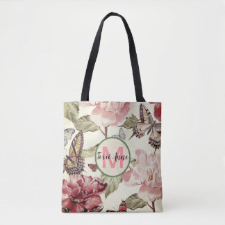 Butterflies & Peonies w/Vintage Tint with Monogram Tote Bag