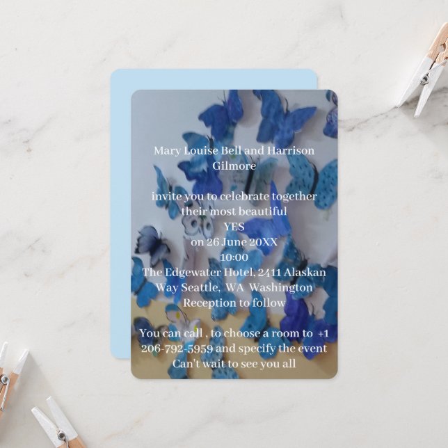 Butterflies Photo Blue Wedding Invitation (Front/Back In Situ)