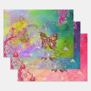 BUTTERFLIES,PINK BLUE PURPLE GREEN SPARKLES Floral Wrapping Paper Sheet