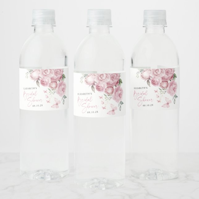 Butterflies Pink Floral Bridal Shower Party Water Bottle Label (Bottles)