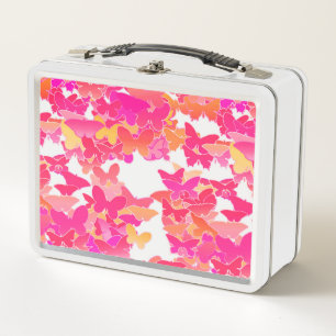 Butterflies, pink, fuchsia and coral metal lunch box