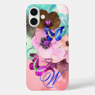 BUTTERFLIES,PINK TEAL ROSES AND ANEMONE FLOWERS iPhone 16 PLUS CASE