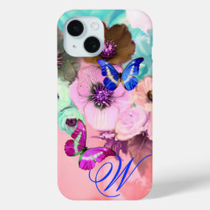 BUTTERFLIES,PINK TEAL ROSES AND ANEMONE FLOWERS iPhone 15 CASE