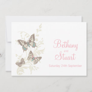 Butterflies pink white cream wedding invitation