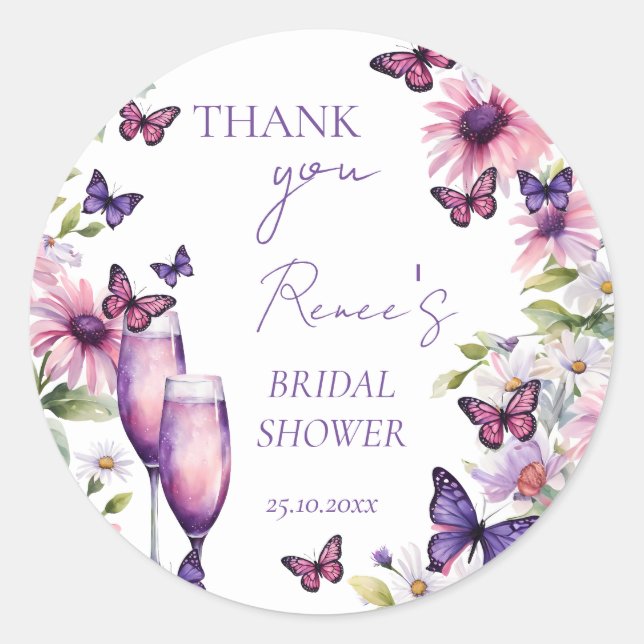 Butterflies purple bridal shower favour  classic round sticker (Front)