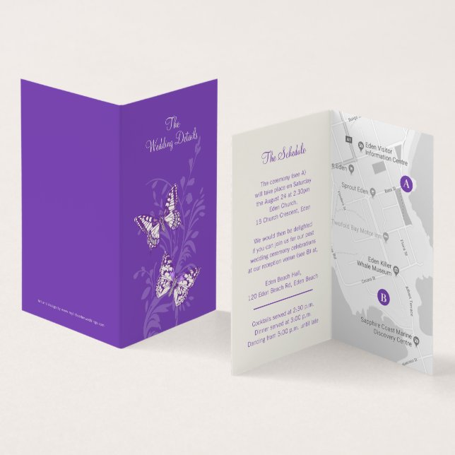Butterflies purple wedding details schedule map (Inside and Outside)