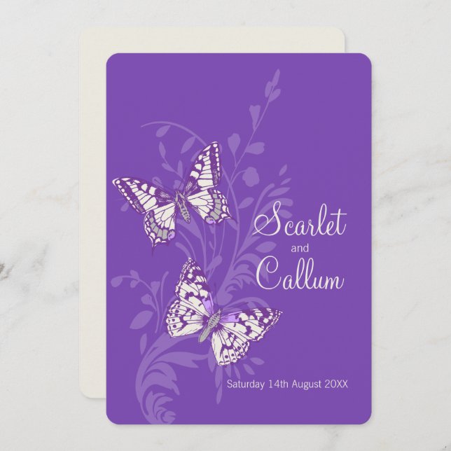 Butterflies purple white cream wedding invitations (Front/Back)