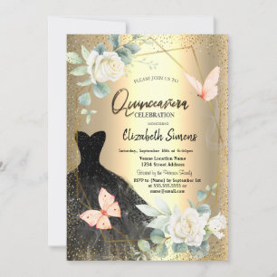 Butterflies Roses Black Dress Quinceañera Invitation