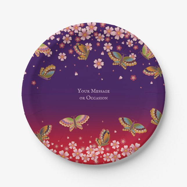 Butterflies & Sakura Blossoms Purple Personalised Paper Plate (Front)
