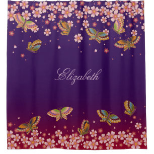 Butterflies & Sakura Blossoms Purple Personalised Shower Curtain
