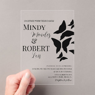 Butterflies Script Black White Wedding Invitation