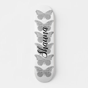 Butterflies Silver Grey Sparkle Personalised Skateboard