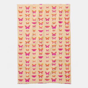 Butterflies, soft orange, coral pink, gold tea towel