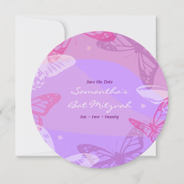 BUTTERFLIES & STARS Round Bat Mitzvah Invitation (Front)