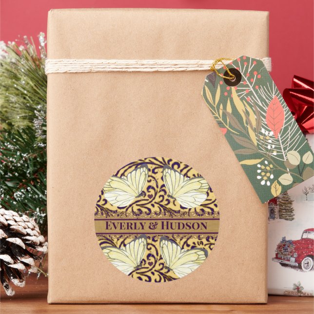 Butterflies Swirl Purple and Orange Classic Round Sticker (Holiday)