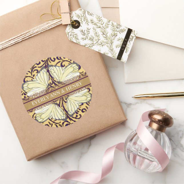 Butterflies Swirl Yellow Beige Green Earth Tones Classic Round Sticker (Gifting)