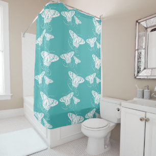 Butterflies Teal And White Pattern Shower Curtain