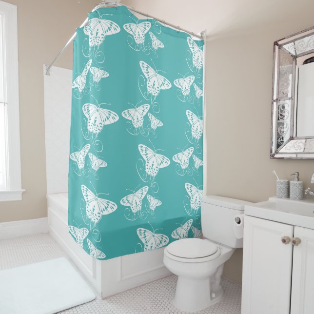 Butterflies Teal And White Pattern Shower Curtain (In Situ)