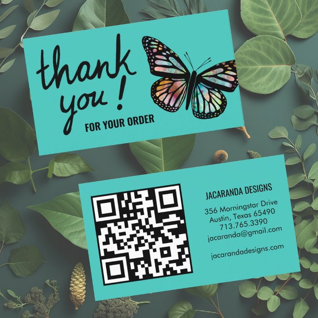 Butterflies Thank You for Your Order QR Code Business Card (Order thank you card with custom QR code and beautiful butterfly design in teal.)