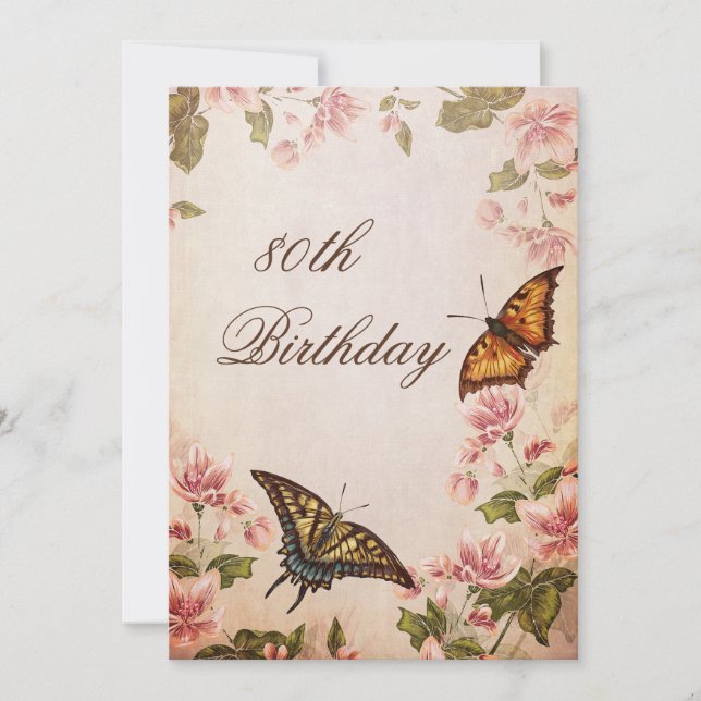 Butterflies & Vintage Almond Blossom 80th Birthday Invitation (Front)