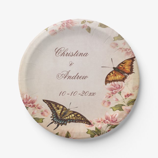 Butterflies & Vintage Almond Blossom Engagement Paper Plate (Front)