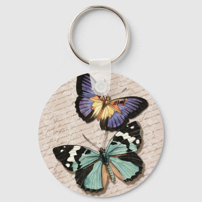 Butterflies Vintage Style French Script Keychain (Front)