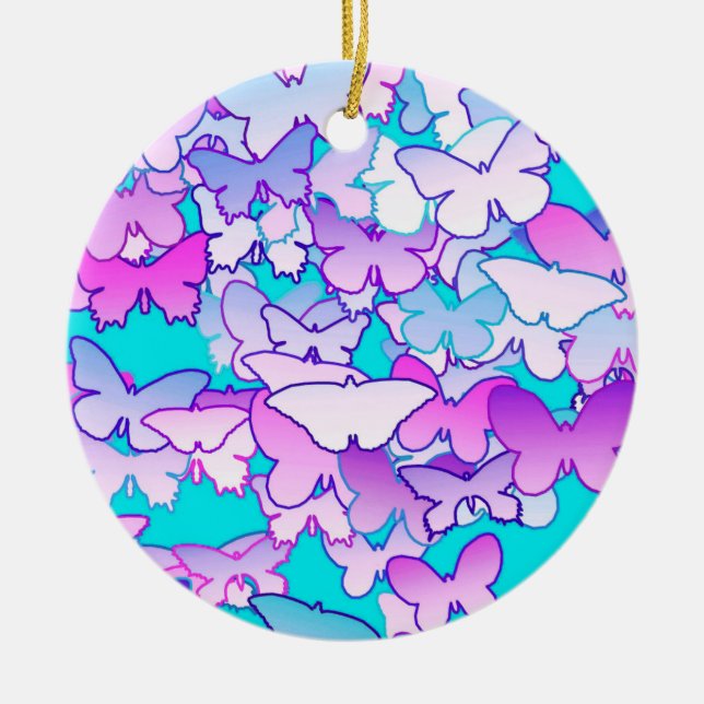 Butterflies, violet and turquoise ceramic tree decoration (Front)