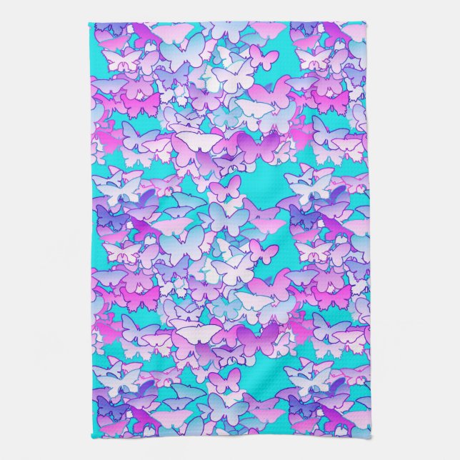 Butterflies, violet and turquoise tea towel (Vertical)