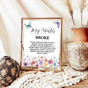 Butterflies water broke Baby Shower Game sign