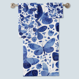 Butterflies Watercolor Blue Bath Towel Set