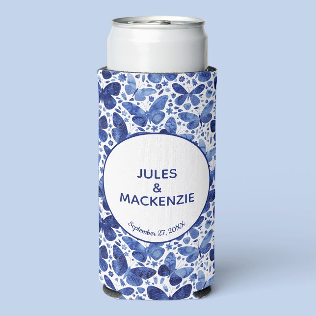 Butterflies Watercolor Blue Modern Wedding Seltzer Can Cooler (Creator Uploaded)