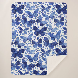Butterflies Watercolor Blue Sherpa Blanket