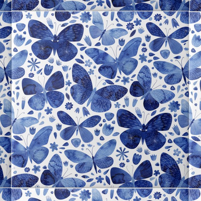 Butterflies Watercolor Blue Tile (Indigo blue and white watercolor butterfly pattern art ceramic tile)