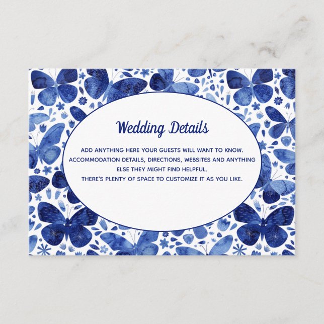 Butterflies Watercolor Blue Wedding Details Enclosure Card (Front)