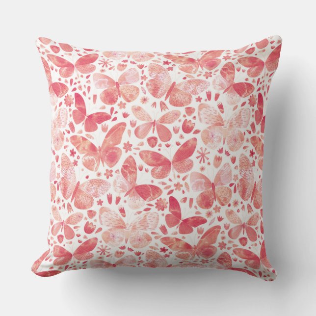 Butterflies Watercolor Coral Pink Cushion (Front)