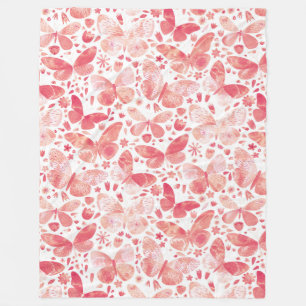 Butterflies Watercolor Coral Pink Fleece Blanket