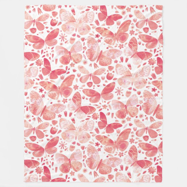 Butterflies Watercolor Coral Pink Fleece Blanket (Front)