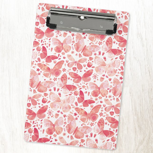 Butterflies Watercolor Coral Pink Mini Clipboard (Peach coral blush pink watercolor butterfly pattern mini clipboard)