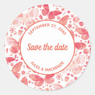 Butterflies Watercolor Coral Pink Save the Date Classic Round Sticker