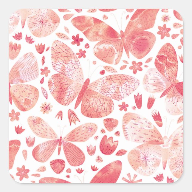 Butterflies Watercolor Coral Pink Square Sticker (Front)