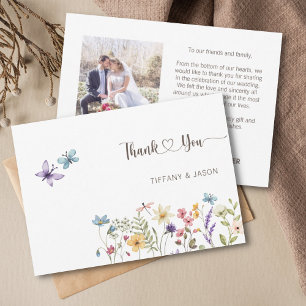 Butterflies Watercolor Floral 1 Photo Wedding Thank You Card