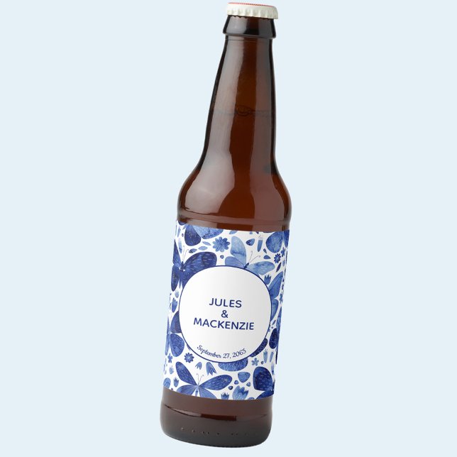 Butterflies Watercolor Indigo Blue Beer Bottle Label (Blue and white watercolor butterfly personalized wedding beer bottle label)