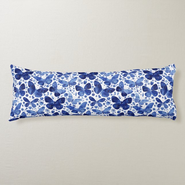 Butterflies Watercolor Indigo Blue Body Cushion (Front)