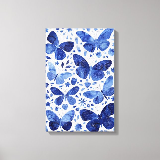 Butterflies Watercolor Indigo Blue Canvas Print (Front)