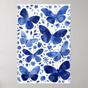 Butterflies Watercolor Indigo Blue Poster